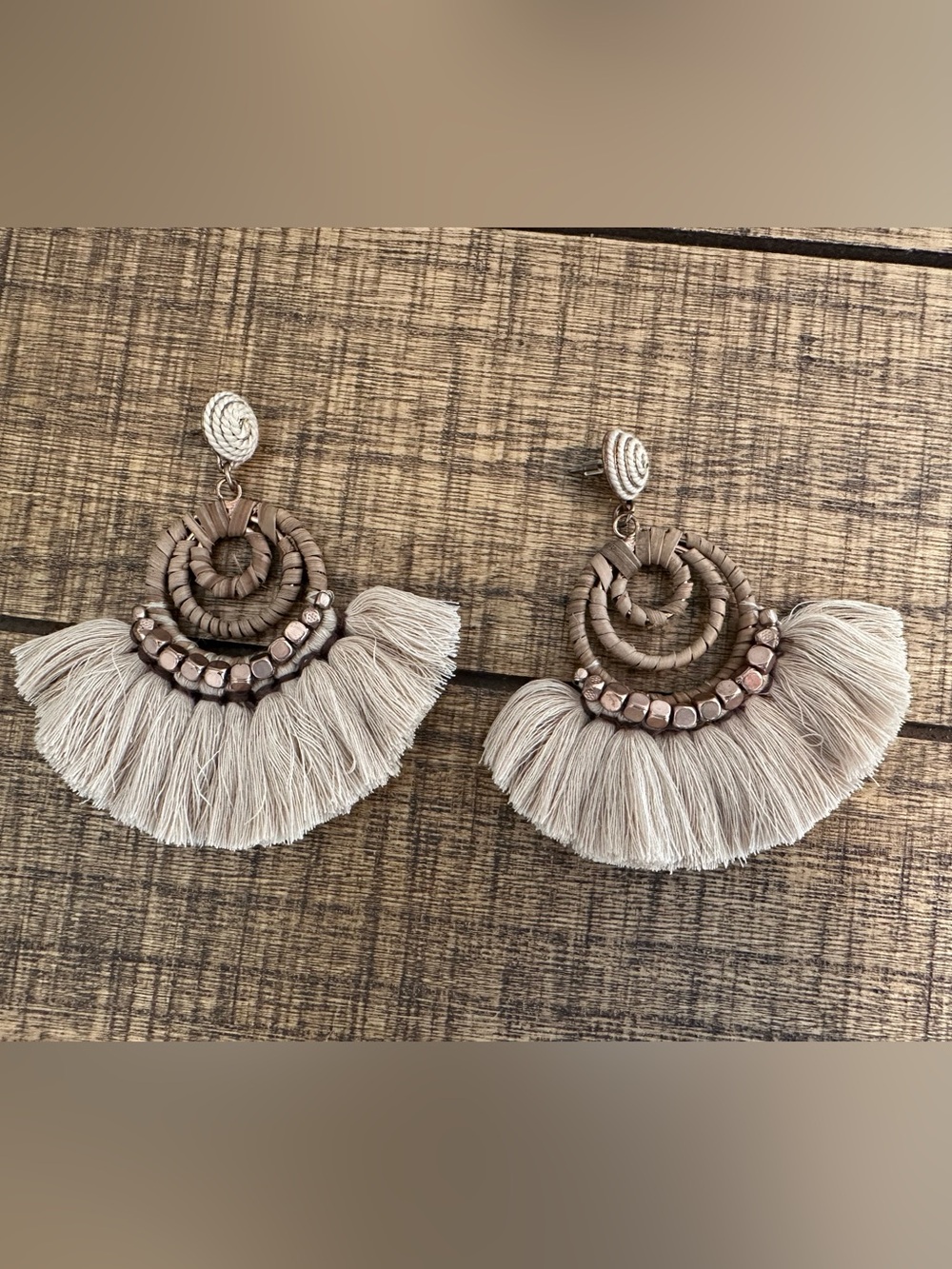 Boho Tassel Fringe Drop Earrings in Beige